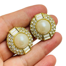 Load image into Gallery viewer, Vintage gold pearl rhinestone designer clip on earrings
