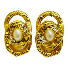 Load image into Gallery viewer, Vintage gold pearl rhinestone designer clip on earrings
