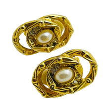 Load image into Gallery viewer, Vintage gold pearl rhinestone designer clip on earrings
