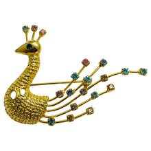 Load image into Gallery viewer, Vintage gold pink blue rhinestone peacock designer brooch
