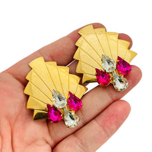 Load image into Gallery viewer, Vintage gold pink clear rhinestone designer runway clip on earrings
