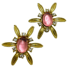 Load image into Gallery viewer, Vintage gold pink flower designer runway clip on earrings
