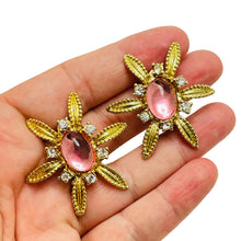 Load image into Gallery viewer, Vintage gold pink flower designer runway clip on earrings
