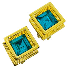 Load image into Gallery viewer, Vintage gold plated aqua blue crystals designer clip on earrings
