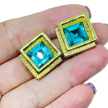 Load image into Gallery viewer, Vintage gold plated aqua blue crystals designer clip on earrings
