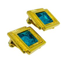 Load image into Gallery viewer, Vintage gold plated aqua blue crystals designer clip on earrings
