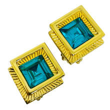 Load image into Gallery viewer, Vintage gold plated aqua blue crystals designer clip on earrings
