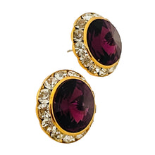 Load image into Gallery viewer, Vintage gold purple rivioli glass clear rhinestones designer earrings
