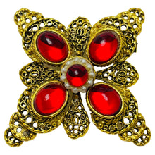 Load image into Gallery viewer, Vintage gold red cabs Maltese cross designer brooch
