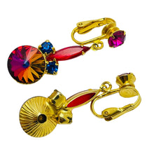Load image into Gallery viewer, Vintage gold red pink rivioli rhinestones dangle designer clip on earrings

