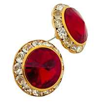 Load image into Gallery viewer, Vintage gold red rivioli glass clear rhinestones designer earrings
