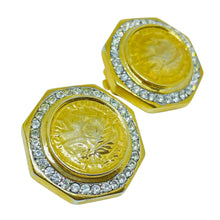 Load image into Gallery viewer, Vintage gold rhinestone coin REPUBLIQUE FRANCSISE designer clip on earrings

