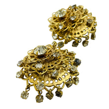 Load image into Gallery viewer, Vintage gold rhinestone dangle designer clip on earrings
