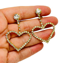 Load image into Gallery viewer, Vintage gold rhinestone dangle hearts designer clip on earrings
