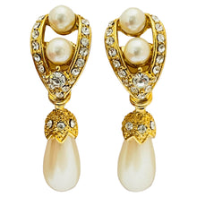 Load image into Gallery viewer, Vintage gold rhinestone dangle pearl designer runway clip on earrings
