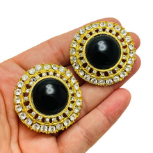 Load image into Gallery viewer, Vintage gold rhinestone designer runway clip on earrings
