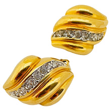 Load image into Gallery viewer, Vintage gold rhinestone designer runway clip on earrings
