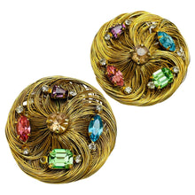 Load image into Gallery viewer, Vintage gold rhinestone designer runway clip on earrings
