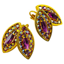 Load image into Gallery viewer, Vintage gold rhinestone leaf designer clip on earrings
