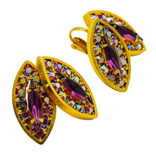 Load image into Gallery viewer, Vintage gold rhinestone leaf designer clip on earrings
