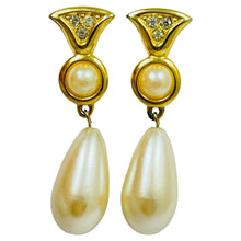 Load image into Gallery viewer, Vintage gold rhinestones dangle pearl designer runway pierced earrings
