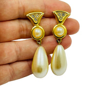 Load image into Gallery viewer, Vintage gold rhinestones dangle pearl designer runway pierced earrings
