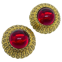 Load image into Gallery viewer, Vintage gold ruby red glass cabochon clip on earrings
