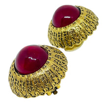 Load image into Gallery viewer, Vintage gold ruby red glass cabochon clip on earrings
