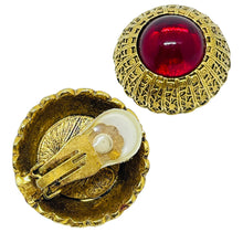 Load image into Gallery viewer, Vintage gold ruby red glass cabochon clip on earrings

