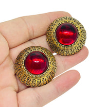 Load image into Gallery viewer, Vintage gold ruby red glass cabochon clip on earrings

