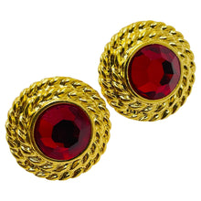 Load image into Gallery viewer, Vintage gold ruby red glass designer runway clip on earrings
