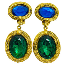 Load image into Gallery viewer, Vintage gold sapphire emerald glass designer runway clip on earrings
