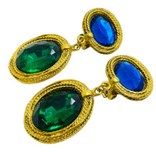 Load image into Gallery viewer, Vintage gold sapphire emerald glass designer runway clip on earrings
