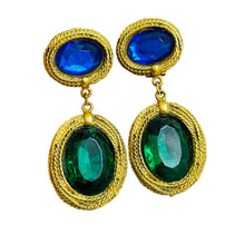Load image into Gallery viewer, Vintage gold sapphire emerald glass designer runway clip on earrings
