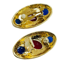 Load image into Gallery viewer, Vintage gold sapphire ruby glass designer runway clip on earrings
