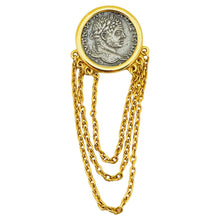 Load image into Gallery viewer, Vintage gold silver tone Etruscan byzantine coin dangle chains brooch
