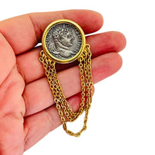 Load image into Gallery viewer, Vintage gold silver tone Etruscan byzantine coin dangle chains brooch

