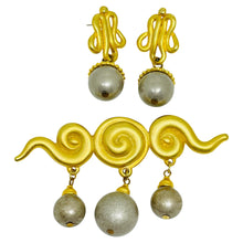 Load image into Gallery viewer, Vintage gold silver tone dangle beads designer brooch earrings set
