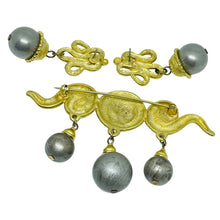 Load image into Gallery viewer, Vintage gold silver tone dangle beads designer brooch earrings set
