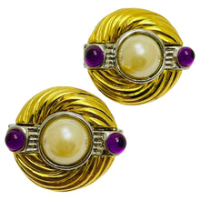 Load image into Gallery viewer, Vintage gold silver tone faux pearl purple cabs designer clip on earrings
