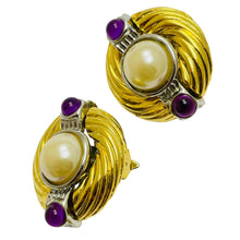 Load image into Gallery viewer, Vintage gold silver tone faux pearl purple cabs designer clip on earrings
