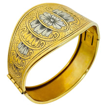 Load image into Gallery viewer, Vintage gold silver tone flowers etched designer hinge bangle bracelet

