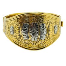 Load image into Gallery viewer, Vintage gold silver tone flowers etched designer hinge bangle bracelet

