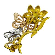 Load image into Gallery viewer, Vintage gold silver tone rhinestone flower butterflies designer brooch
