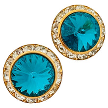 Load image into Gallery viewer, Vintage gold teal rivioli glass clear rhinestones designer earrings
