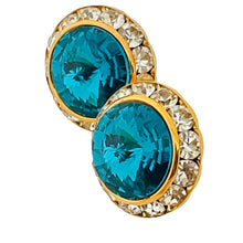 Load image into Gallery viewer, Vintage gold teal rivioli glass clear rhinestones designer earrings
