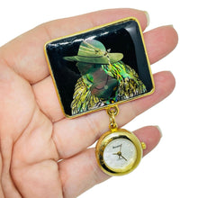 Load image into Gallery viewer, Vintage gold tone BONETTO watch dangle lady in hat designer brooch
