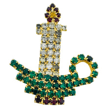 Load image into Gallery viewer, Vintage gold tone Christmas candle rhinestone designer brooch

