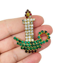 Load image into Gallery viewer, Vintage gold tone Christmas candle rhinestone designer brooch
