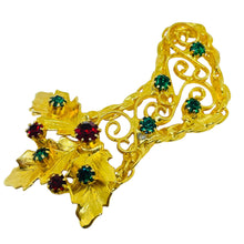 Load image into Gallery viewer, Vintage gold tone Christmas stocking rhinestone designer brooch
